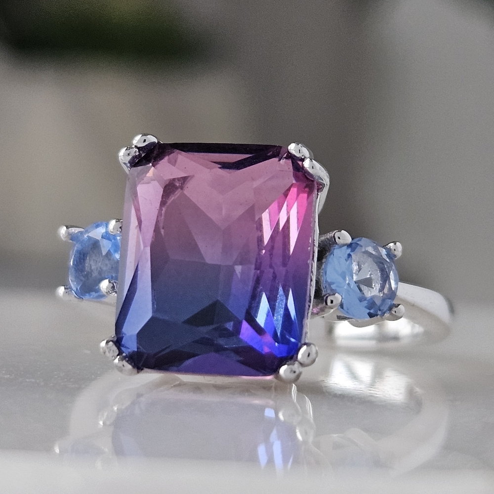 Pink & Purple Emerald Cut Gemstone Ring, 925 Sterling Silver Charmed Aroma
